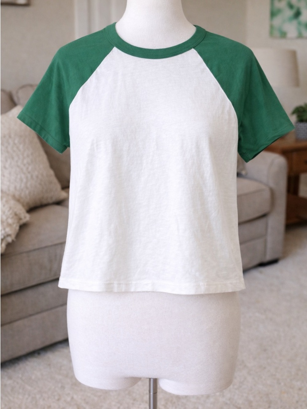 Old Navy White Crop Raglan Tee with Green Sleeves